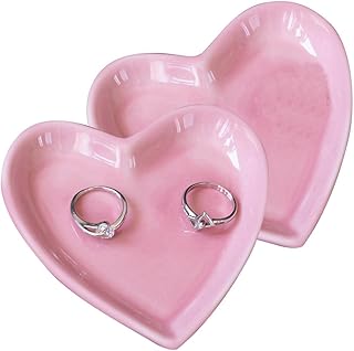 luzen 2Pcs Ceramic Jewelry Tray Dish Heart Shape Ring Jewelry Plate Decorative Trinket Dish Tray Holder Home Decoration for Rings Earrings Necklace Jewelry Organizer and Display, Pink