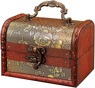 KABAKE Treasure Chest Box Antique Decorative Jewelry Organizer Box with Mini Metal Lock for Storaging Trinket Ring Earring Wooden Keepsake Box for Gifts or Home Decoration