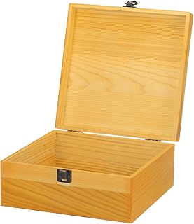 MECCANIXITY Unfinished Wooden Box with Hinged Lid,Keepsake Box Container 8.9"x8.9"x3.9" Storage Box for Crafts Art Hobbies Home Decorations(Brown)