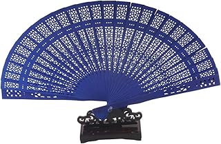 ALLINONE Chinese Scented Wooden Hand Held Folding Fans with Holder for Craft Home Wedding Party Event Decoration, Gifts (Blue)