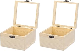 MECCANIXITY Unfinished Wooden Display Box with Hinged Lid,4.7"x4.7"x3.3" Small Wood Keepsake Storage Box with Glass Lid for DIY Craft Collectibles Jewelry Gift Home Decorations,2Pcs Beige