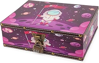 LINGXIAO Wood and Leather Treasure Chest with Lid and Lock-Decorative Jewelry Keepsake Storage Box for Kids, Teenagers,for Birthday Wedding Office Home Decoration, Space, Astronaut, 10.6 * 8.5 * 3.7"