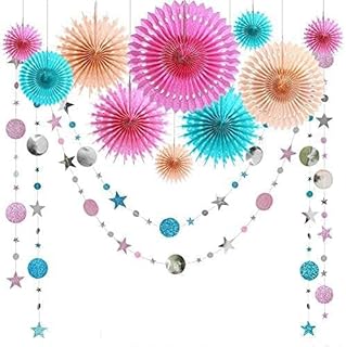 Cheerland Blue Pink Peach Tissue Papar Fan Garland Decoration Set 3D Fan Glittering Circle Star Banner Backdrop for Easter Birthday Wedding Graduation Christmas Parties Home Shop Office School Nursery