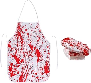 Unisex Scary Bloody Halloween Chef Costume Set, Realistic Blood Splattered Printed Butcher Apron Hat for Cosplay Party Supplies Home Kitchen Decorations