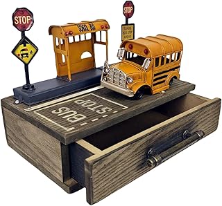 TRABEATOGA School Bus Station Model Miniature Storage Box Decoration Vintage School Bus Station Model Organizer Drawers Jewelry Box Ring Trinket Case Cabinet Retro Home Decor