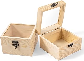 Useekoo 2Pcs Small Wooden Box with Hinged Lid,Unfinished Wood Box with Glass Lid, Small Wooden Jewelry Box for Gift, Home Decorations, Crafts for Men, 4.7'' x 4.7'' x 3.1''