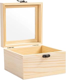 Useekoo Wooden Box with Hinged Lid, 5.9'' x 5.9'' x 3.9'' Unfinished Wood Keepsake Storage Box with glass lid, Wooden Jewelry Box for Gift and Home Decorations