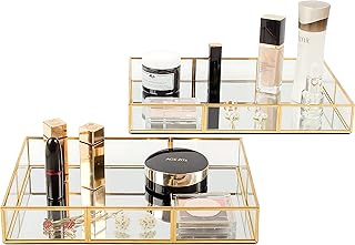 EQEY Perfume Tray Vanity Tray with Metal Frame, Gold Tray Bathroom Tray, Decorative Tray for Dresser Bathroom Jewelry or Home Decoration 2 Pcs (L+S)