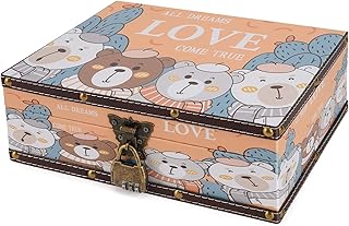 Wood and Leather Treasure Chest with Lid and Lock-Decorative Jewelry Keepsake Storage Box for Girls Women ,for Birthday Wedding Nursery Office Home Decoration, Lovely Bear Pattern (9.3*6.5*3.7")