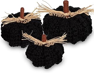 Briful Set of 3 Neutral Small Knit Black Pumpkins - Fall Decorations, Chunky Crocheted Pumpkins, Autumn Farmhouse Decor Handmade Crochet Pumpkins, Pumpkins for Home Décor Indoor Halloween Christmas