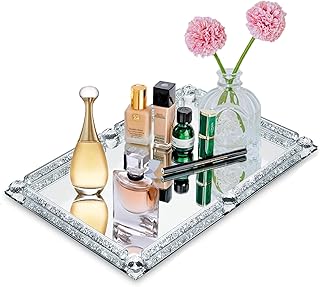 Mirror Crystal Perfume Tray,Crushed Diamond Filled Crystal Glass Tray,Cosmetic Makeup Vanity Tray,Jewelry Trinket Tray,Serving Tray for Home Decoration,Party,Hotel Banquet