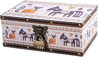 Wood and Leather Treasure Chest with Lid and Lock-Decorative Jewelry Keepsake Storage Box for Girls Women ,for Birthday Wedding Nursery Office Home Decoration, Lovely Horse&Fox Pattern,