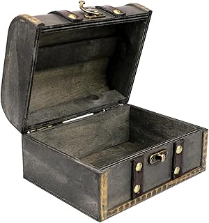 YOLUFER Wooden Vintage Treasure Chest Box with Lock and leather Surface Handmade Wooden Trinket Jewelry Case for Home Decoration (Gray)