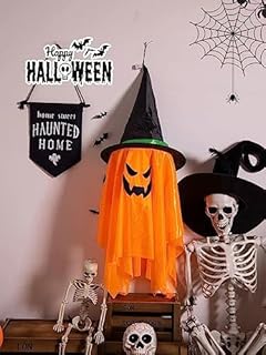 Halloween Decorations for Home, 105CM Single Orange Pre-Installed Pumpkins Wizard Hat Outdoor Fall Decor, Hanging Pumpkin Ornaments for Home Garden Party Indoor Outdoor