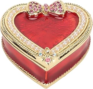 Wisecoco Vintage Heart Shape Jewelry Box, Metal Red Trinket Jewelry Box Rings Earrings Keepsake Organizer Storage Engraved Organizer Box for Valentine Birthday Gift Home Decoration