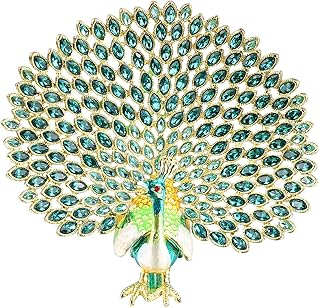 Xinkulas Peacock Jewelry Trinket Box Figurine Enamel Hinged Hand Painted Keepsake Decoration (Green)