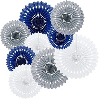 9PCS Navy Blue Gray White Origami Paper Party Fan Paper Rosettes Nautical Baby Boy Shower Navy Wedding 1st Shark Birthday Bachelorette Party Backdrop Home Nursery Wall Hanging Decoration