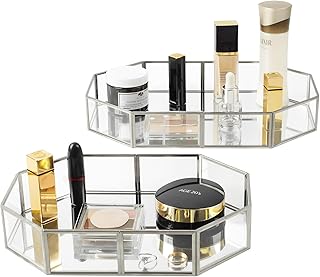 Set 2 Silver Perfume Tray, Vanity Tray with Metal Frame, Large Mirror Tray for Dresser Bathroom Jewelry or Home Decoration (L+S)
