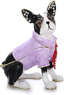 Hand Painted Trinket Box for Home Decor Accents, Enamel Hinged Jewelry Box for Bookshelf Office Table Desk Decoration, Classical Figurine Collectible Keepsake Animal Sculptures (Boston Terrier)