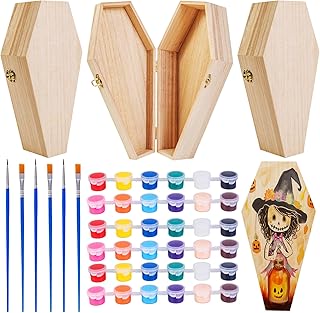 Hiboom 3 Pack 12 Inch Halloween Coffin Box with 3 Sets of Paint, Unfinished Wooden Coffin Box, Wooden Boxes for Halloween Decor Party Decoration Crafts Home Classroom