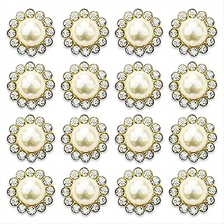 Builcker 50 Pcs Rhinestone Pearl Button Embellished DIY Handmade Accessories Flatback Golden Bottom Shiny Pearl Button Bridal Bouquet Decoration Home Furnishing Dress Decoration (White)