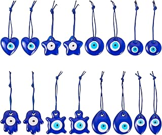 16Pcs Turkish Blue Evil Eye Charms Lampwork Evil Eye Keychain Pendants Hamsa Eye Glass Hanging Decorations with Ropes for Home Ornaments Jewelry Accessories 8 Styles