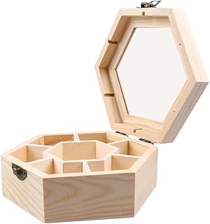 EXCEART Unfinished Wooden Jewelry Box Hexagon DIY Trinket Storage Box Blank Keepsake Organizer 7 Compartments Clear Top Craft Gift Box with Locking Clasp for Art Craft Home Decor