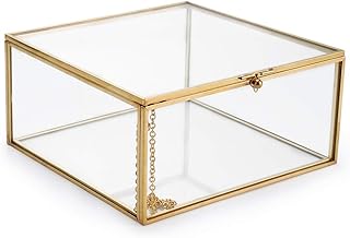Hipiwe Vintage Glass Jewelry Organizer Box, Golden Metal Keepsake Box Desktop Jewelry Organizer Holder, Wedding Birthday Gift, Square Vanity Decorative Box for Dresser,Bathroom (Gold, Large)