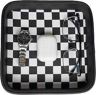 NAKOR HOME Leather Valet Tray,Key Dish Bowl for Entryway Table,Checkered Black and White Home Decor Solid Wood Inside+PU