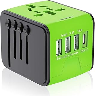 APzek Travel Adapter, Universal International Power Adapter with High Speed 3 USB & Type C Travel Charger, European Adapter Worldwide AC Outlet Plugs for Europe UK AU US Asia 200+ Countries, Green