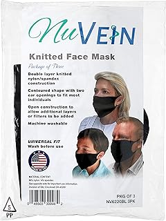 NuVein Reusable Face Masks, Made in USA, Washable Adult Child Size, Pack of 3 - One Size - Black