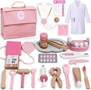 Atoylink Doctor Kit for Toddlers Kids Dentist Pretend Play Toy Set, 32Pcs Wooden Medical Kit with Dress Up Costume & Bag & Pretend Teeth & Doctor Toys Gift for Girls Boys 3 4 5 Year Old (Pink)