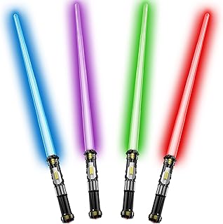 4 Pack Lightsaber with FX Sound (on-off control) and Full Retractable Handle, 4 Colors LED Light up Laser Sword Toy for Kids Adult Girl Boy Galaxy War Fighters, Halloween Costume Christmas Party Gifts