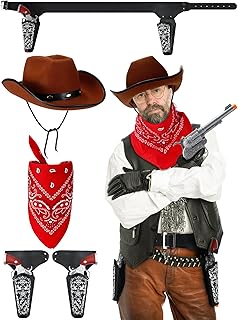 Fourluoo 5 Pcs Halloween Cowboy Set Accessories Costume Hat Black Adjustable Cowboy Gun Belt and Holster Red Paisley Bandanna and Toy Guns