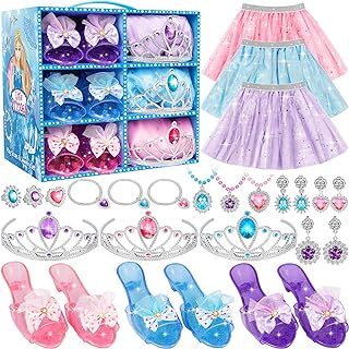 Princess Dress Up Toys & Jewelry Boutique, Princess Costumes Set incl Color Skirts, Shoes, Crowns, Princess Accessories, Girls Role Play Set Gift for 3 4 5 6 Year old Girl Toddler ​B-day Party Favors