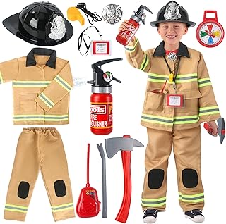 Firefighter Costume for Kids 3-5, Fireman Costume for Boys with Toy Accessories Set, Firefighter Clothes Suit, Toddler Fireman Dress Up Outfit 2-4t, Halloween Costume for Boys Girls Age 4-7