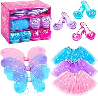 BIBUTY Princess Dresses for Girls Fairy Wings, Dress Up Clothes Pretend Play Costumes Trunk with 3 Sets of Princess Dress Up Shoes, Glitter Girls Tutu Skirts and Butterfly Wings, Toys for 3-6 yr Girls