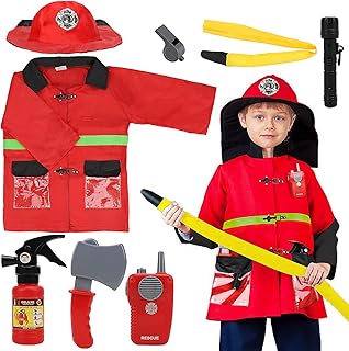 Fireman Costume for Kids with Fireman Toys Accessories - Halloween Costumes for Boys - Fireman Dress Up Toddler - Boys Dress Up Clothes for Play - Firefighter Costume for 3 4 5 6 Kids