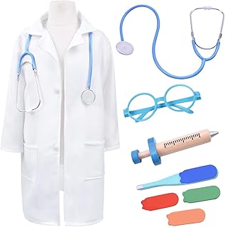 WICOT Kids Doctor Nurse Costume Kit White Lab Doctor Coat with Hat Stethoscope Toys Wooden Doctor Playset Kit Halloween Role Play Birthday Party Dress Up for Kids Toddlers Boys Girls 7-8 years