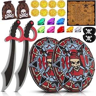 RICHNESS Kids Play Swords and Shields Foam Sword and Shield with Pirate Map and Treasures Toy Weapons for Kids Dress Up and Costumes Pack of 2 Players …