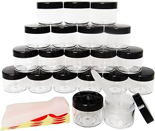 Wopanxye 20pcs 20ml Makeup Sample Round Pot, 20g Empty Storage Jars, Small Plastic Cosmetic Container with BLACK lids for Beauty Eyeshadow Hand Cream Face Lotions Powder Lip Gloss Balm Hair Wax Oils