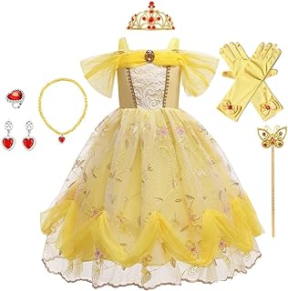 Girls Belle Princess Birthday Party Dress w/Accessories Beauty and the Beast Costume Halloween Christmas Outfits