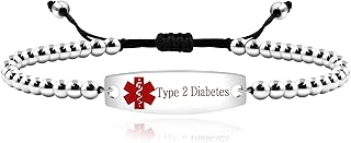 Adjustable Health Alert Bracelet 4mm Stainless Steel Beads Emergency Medical Alert ID Band for Women Girls - Medical Information & Health Status in Crisis