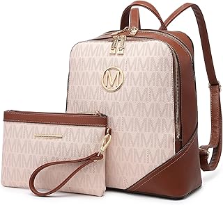 MKP Women Fashion Double Zipper Medium Backpack Purse PU Leather Ladies Travel Shoulder Bag Set 2Pcs