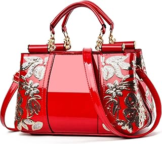 XingChen Women Patent Leather Fashion Handbags Double Sided Sequin Embroidery Shoulder Bag Top Handle Satchel Purse