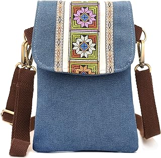 Vintage Embroidered Canvas Small Flip Crossbody Bag Cell Phone Pouch for Women Wristlet Wallet Bag Coin Purse