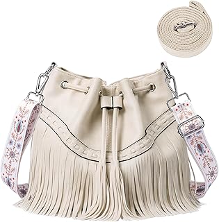 Women Bucket Fringe Hobo Bag Western Purse Vegan Leather Tassel Hippie Shoulder Crossbody Bag