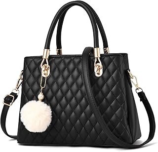 Womens Leather Handbag Purses Top Handle Quilted Shoulder Bag Totes Satchel for Ladies with Pompon