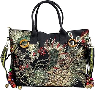 Women Canvas Shoulder Bags Totes: Phoenix Sequins Embroidery Handbags Stylish Casual Shoulder Bags With Pendants Decorated