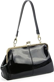 Vintage Kiss Lock Handbags Shiny Patent Leather Evening Clutch Purse Tote Bags with Chain Strap (Black)